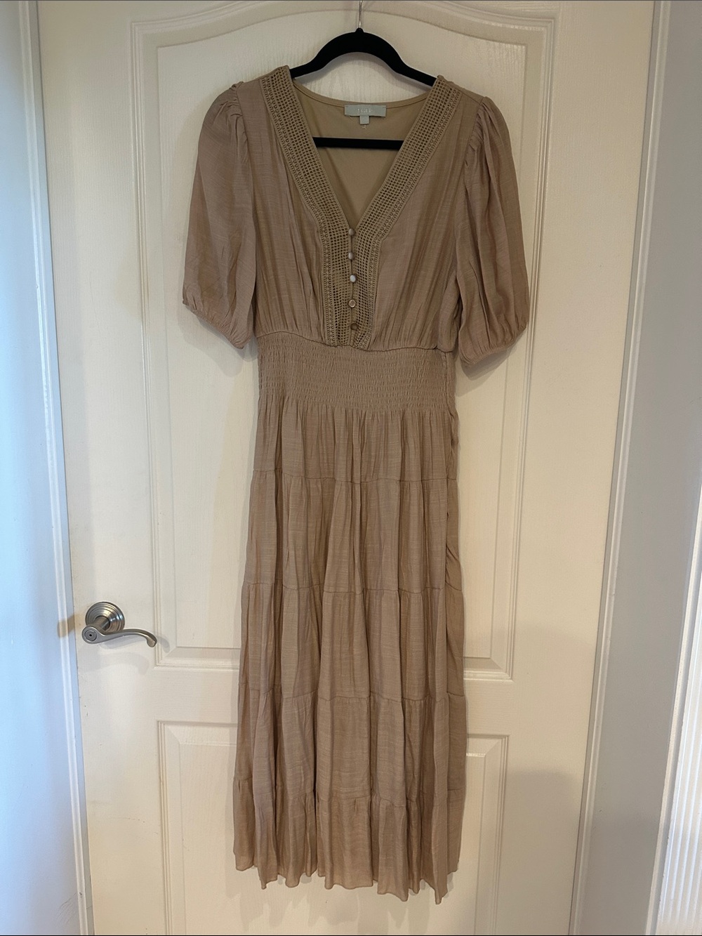 Neutral Taupe V-Neck Tiered Maxi Dress